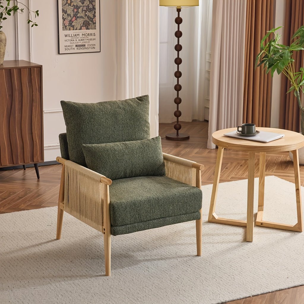 Bonnlo Mid-Century Modern Accent Chair with Solid Wooden Armrests & Waist Pillow - Foam-Padded Chenille Louge Armchair Suitable for, Reading Nook, Compact Spaces - Stylish Comfortable Armchair (No Assembly)