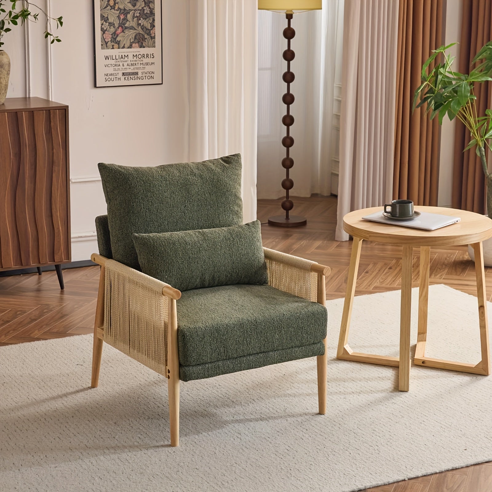 Bonnlo Mid-Century Modern Accent Chair with Solid Wooden Armrests & Waist Pillow - Foam-Padded Chenille Louge Armchair Suitable for, Reading Nook, Compact Spaces - Stylish Comfortable Armchair (No Assembly)
