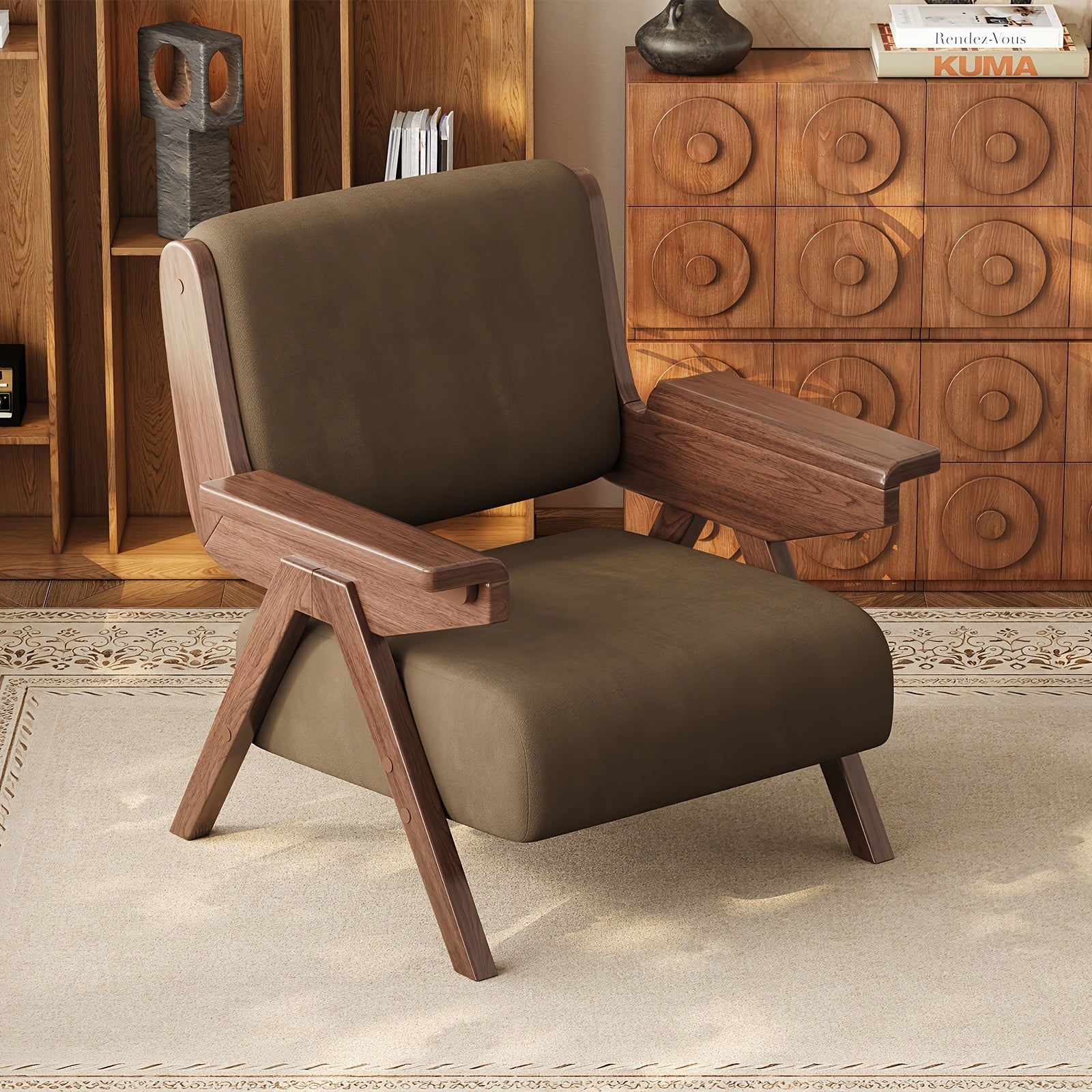 A Modern Medieval Style Lounge Chair with Velvet Cushions And Solid Wood Armrests, Perfect for Comfortable Seating in The Living Room, Bedroom, Or Balcony
