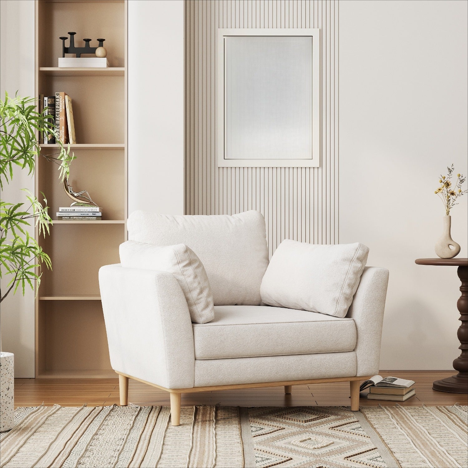 Upholstered Accent Armchair, Large Size Comfortable Single Sofa with Thick Cushion, Reading Lounge Chair for Living Room, Bedroom or Office, Linen White
