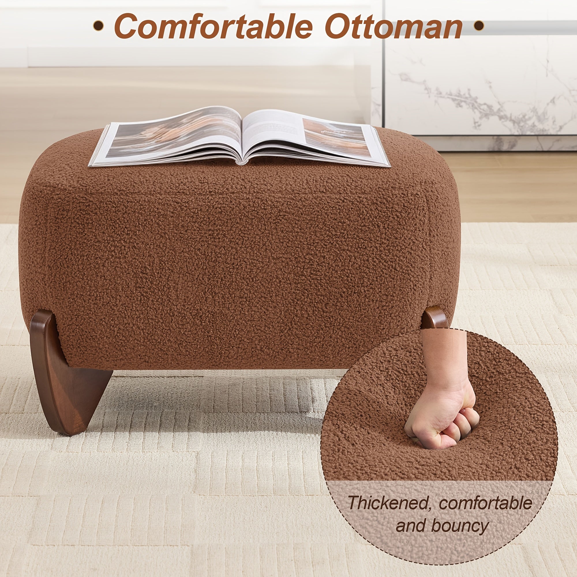 28.7” Modern Sherpa Boucle Ottoman with Solid Wood Legs - Upholstered Footrest Suitable for Living Room, Bedroom, Rectangular Boucle Pouffe, Base, Comfy Seating Stool for Small Spaces, Scandinavian Minimalist Furniture