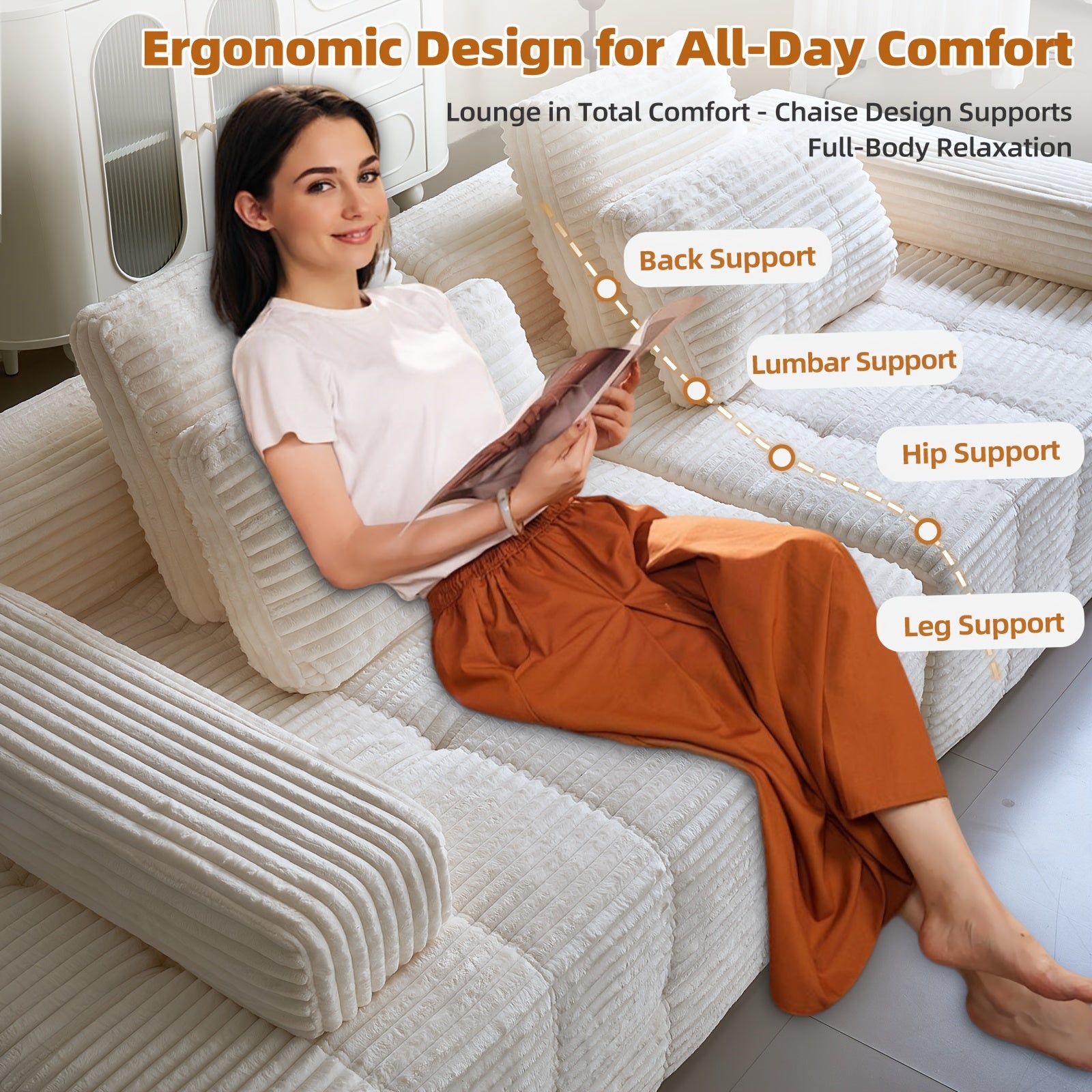 110.24 Inch Striped Corduroy Fabric Modular Combination Sofa, Extra Large Four-Seat Memory Foam Sofa, Boneless Couch, Sofa Bed, Cloud Couch, Furniture For Living Room, (Black, Gray, White, Pink), Valentine'S Day Gifts