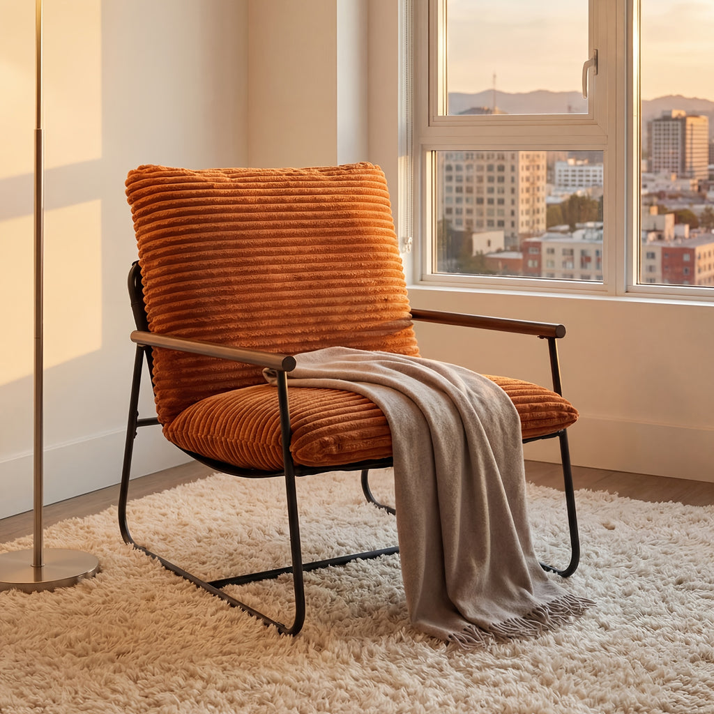 29.5in Iron Armchair with Padded Cushion, Heavy Duty Metal Accent Chair with Sponge Seat - Outdoor Patio Chair for Garden, Porch, Living Room - Modern Lounge Chair with Arms