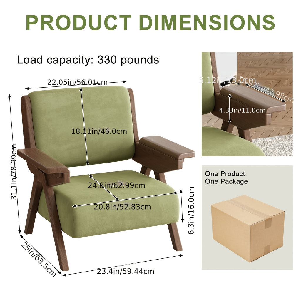 A Modern Medieval Style Lounge Chair with Velvet Cushions And Solid Wood Armrests, Perfect for Comfortable Seating in The Living Room, Bedroom, Or Balcony