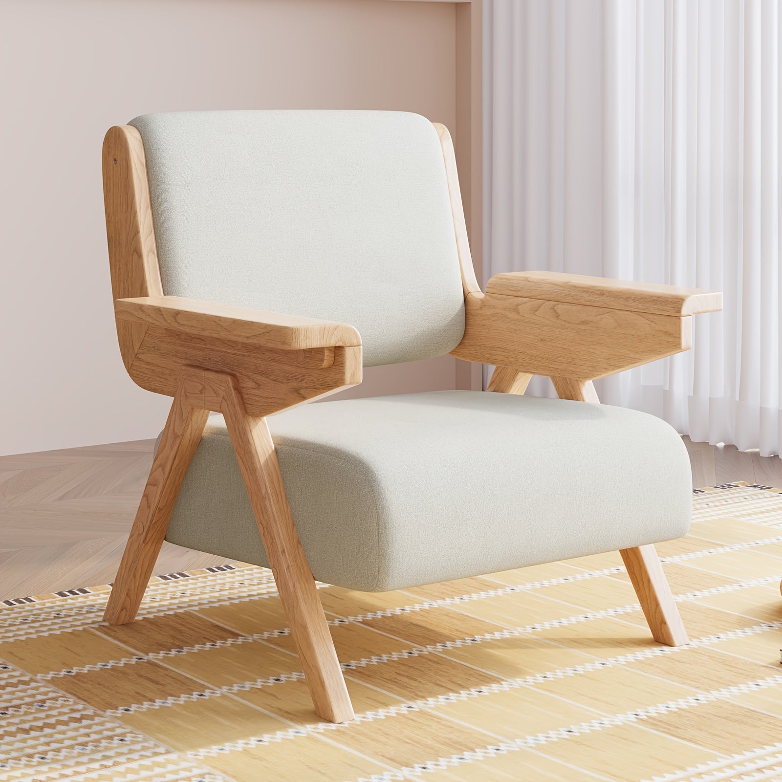 A Modern Medieval Style Lounge Chair with Velvet Cushions And Solid Wood Armrests, Perfect for Comfortable Seating in The Living Room, Bedroom, Or Balcony