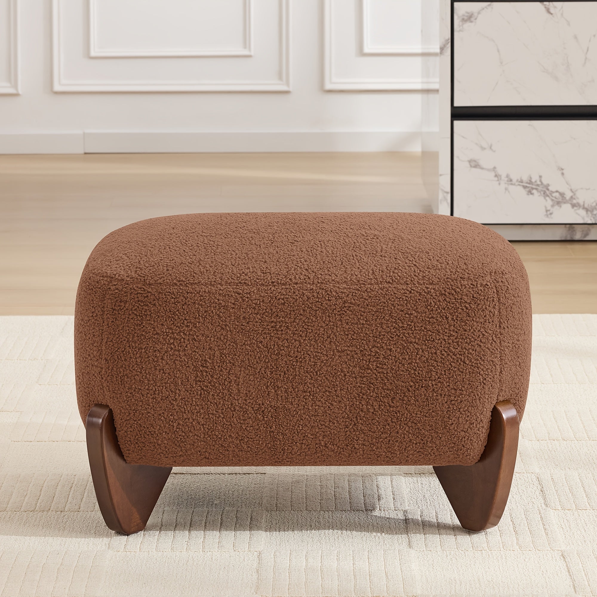 28.7” Modern Sherpa Boucle Ottoman with Solid Wood Legs - Upholstered Footrest Suitable for Living Room, Bedroom, Rectangular Boucle Pouffe, Base, Comfy Seating Stool for Small Spaces, Scandinavian Minimalist Furniture
