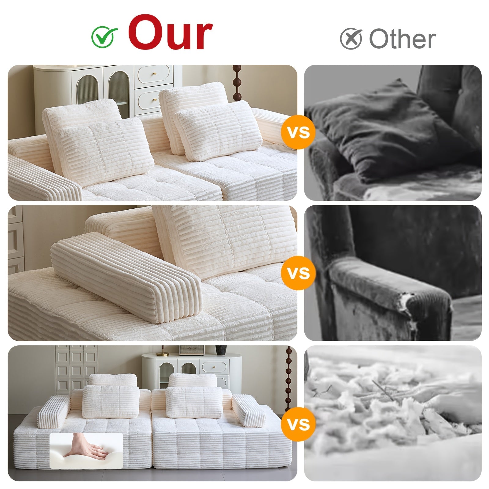 110.24 Inch Striped Corduroy Fabric Modular Combination Sofa, Extra Large Four-Seat Memory Foam Sofa, Boneless Couch, Sofa Bed, Cloud Couch, Furniture For Living Room, (Black, Gray, White, Pink), Valentine'S Day Gifts