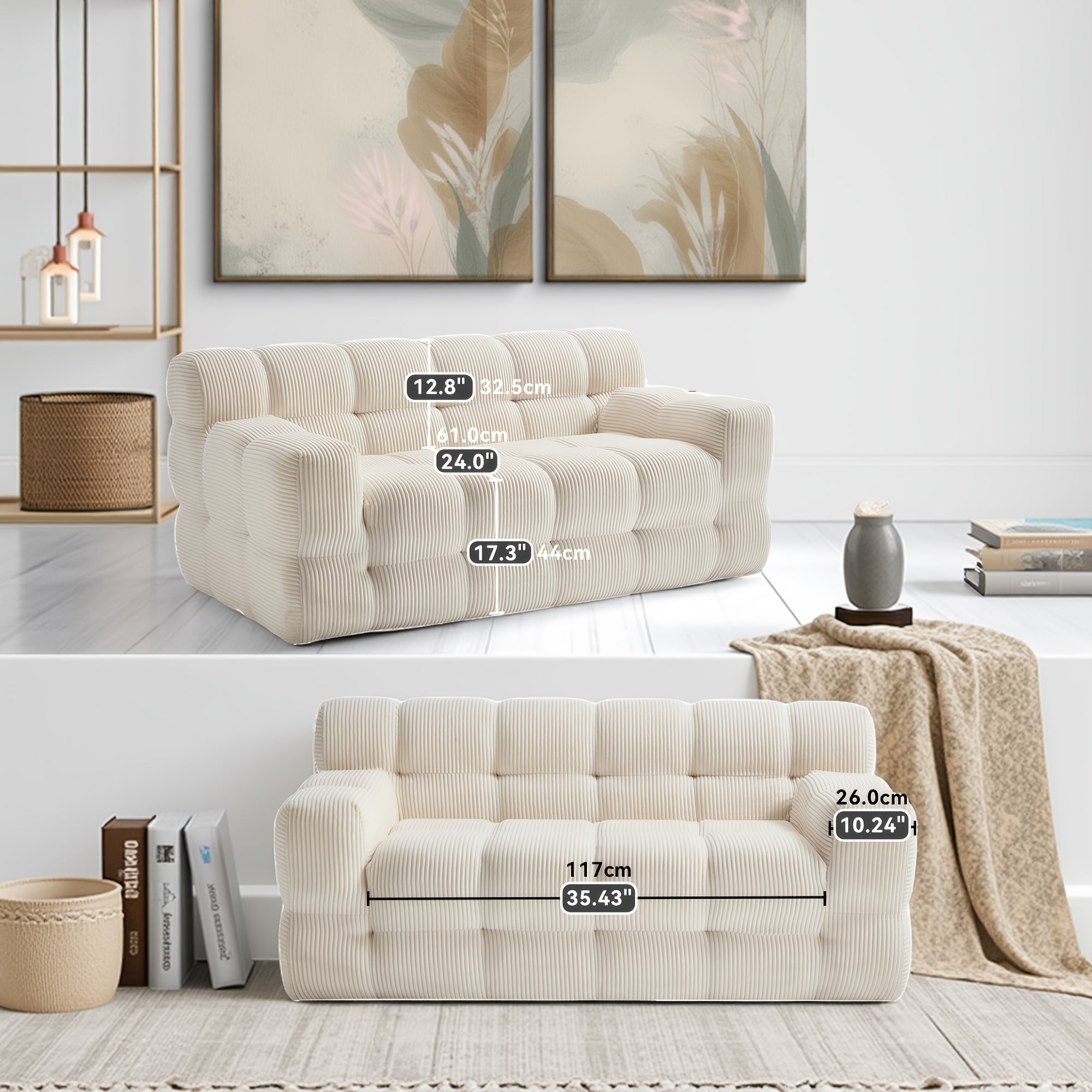 Compressed Modern Deep Seat Sofa Loveseat | Mid-century Modern Style, Green Color, Foam Material, Suitable for Living Room, Bedroom, Office - HONEYOU