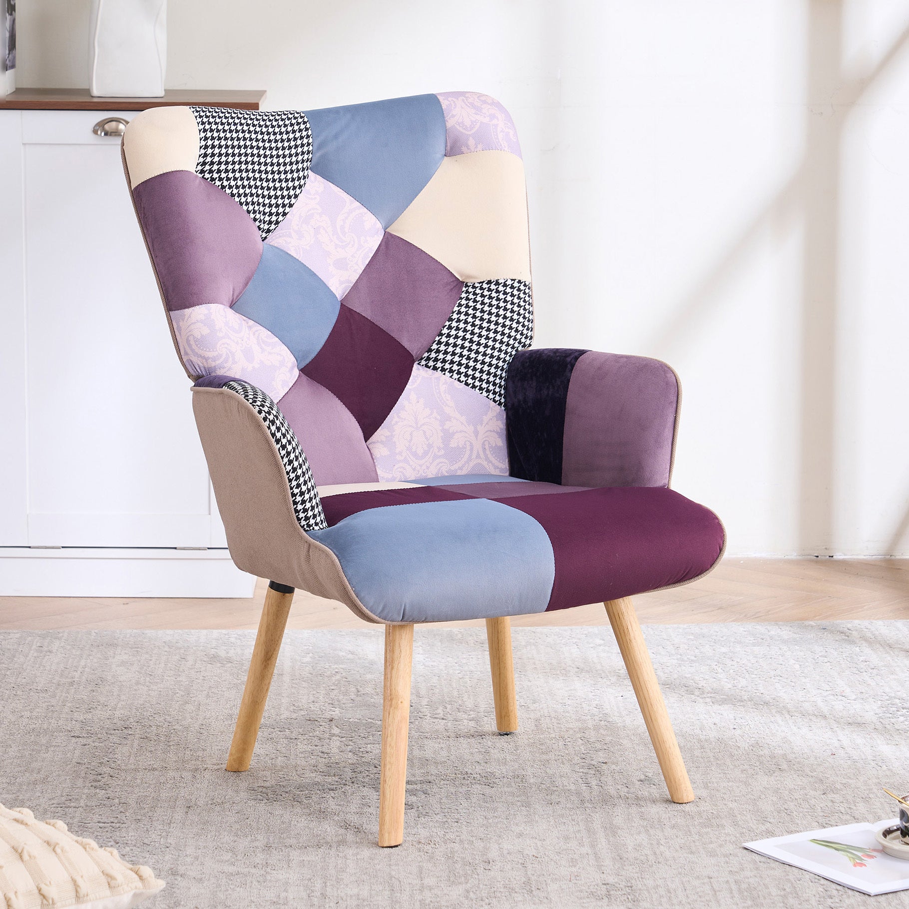 330lb Capacity Colorful Patchwork Modern Accent Chair - High Back Armchair with Memory Foam Cushion & Hardwood Legs, Linen Living Room, Bedroom, Home Office Chair - Easy Assembly, Neutral & Accent Colors - for Living Room, Reading Nook Decor