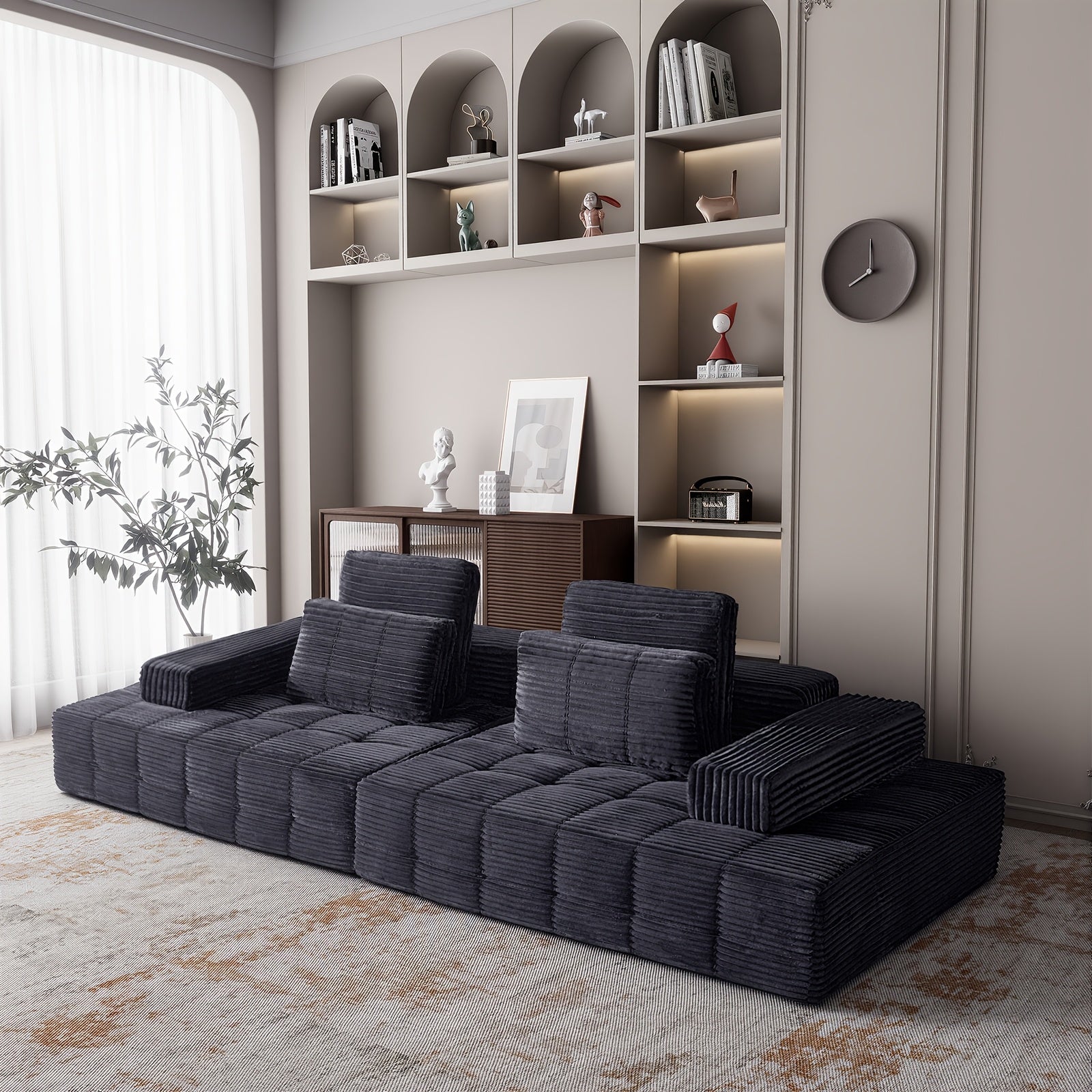 110.24 Inch Striped Corduroy Fabric Modular Combination Sofa, Extra Large Four-Seat Memory Foam Sofa, Boneless Couch, Sofa Bed, Cloud Couch, Furniture For Living Room, (Black, Gray, White, Pink), Valentine'S Day Gifts