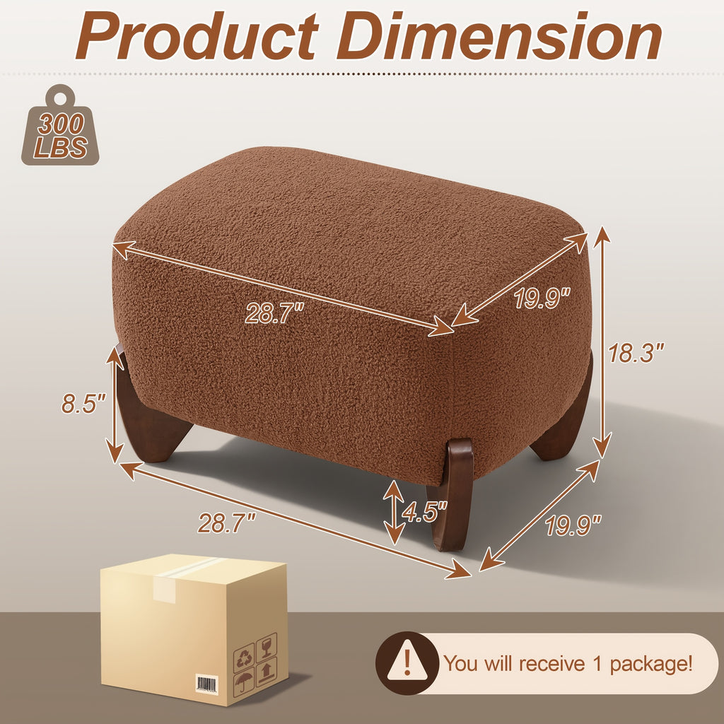 28.7” Modern Sherpa Boucle Ottoman with Solid Wood Legs - Upholstered Footrest Suitable for Living Room, Bedroom, Rectangular Boucle Pouffe, Base, Comfy Seating Stool for Small Spaces, Scandinavian Minimalist Furniture