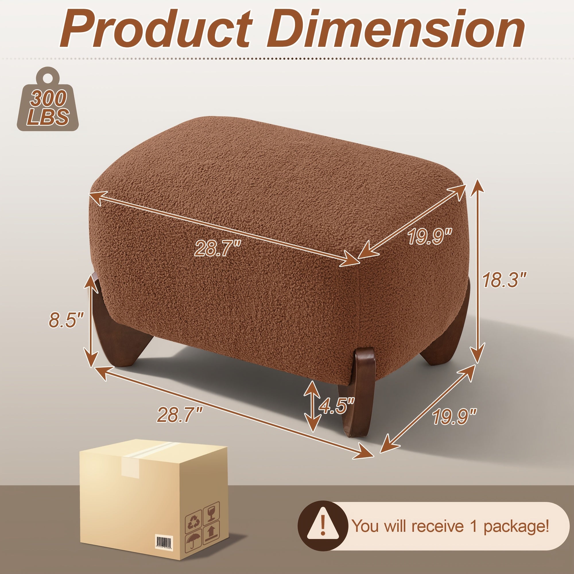 28.7” Modern Sherpa Boucle Ottoman with Solid Wood Legs - Upholstered Footrest Suitable for Living Room, Bedroom, Rectangular Boucle Pouffe, Base, Comfy Seating Stool for Small Spaces, Scandinavian Minimalist Furniture