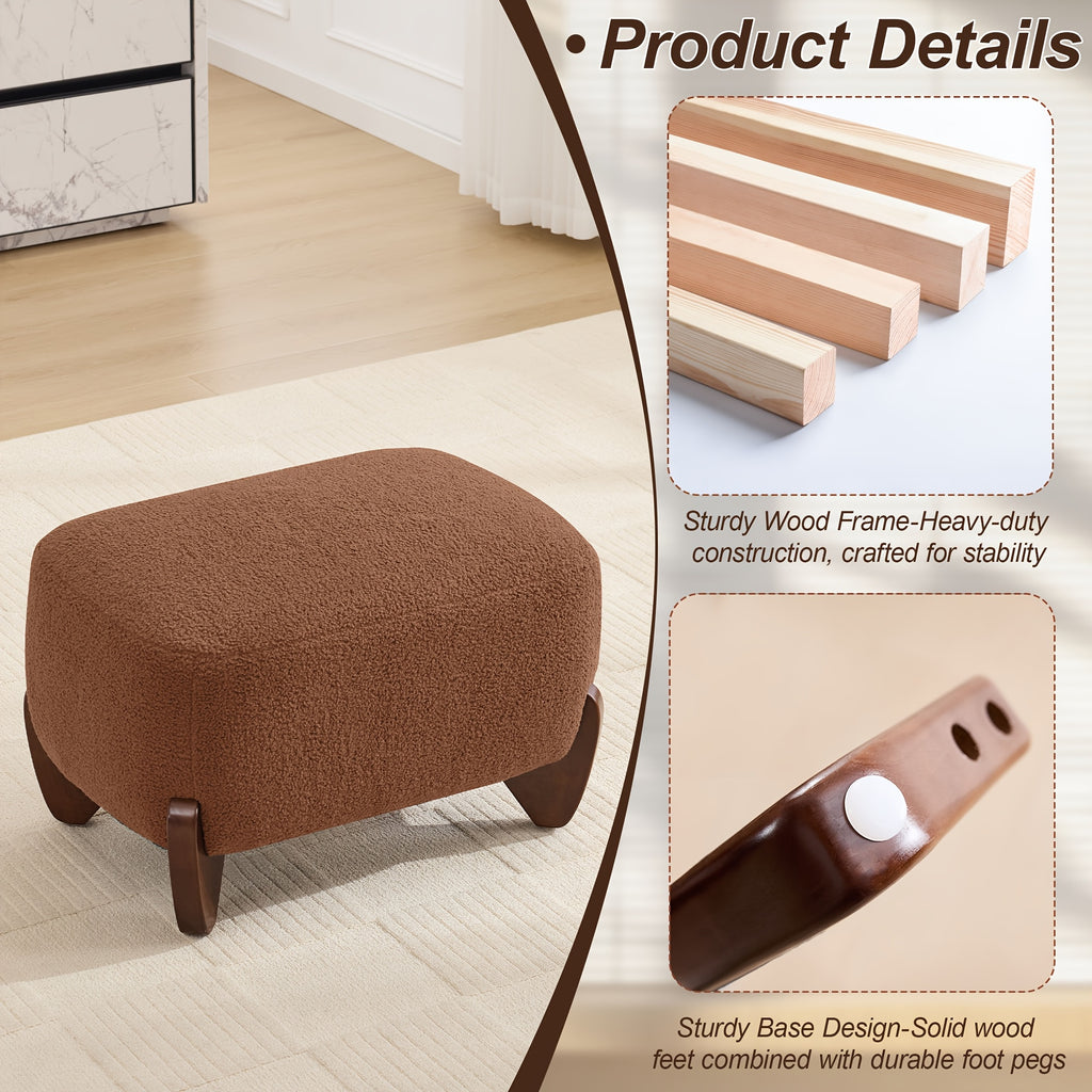 28.7” Modern Sherpa Boucle Ottoman with Solid Wood Legs - Upholstered Footrest Suitable for Living Room, Bedroom, Rectangular Boucle Pouffe, Base, Comfy Seating Stool for Small Spaces, Scandinavian Minimalist Furniture