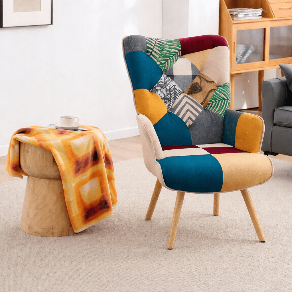 330lb Capacity Colorful Patchwork Modern Accent Chair - High Back Armchair with Memory Foam Cushion & Hardwood Legs, Linen Living Room, Bedroom, Home Office Chair - Easy Assembly, Neutral & Accent Colors - for Living Room, Reading Nook Decor