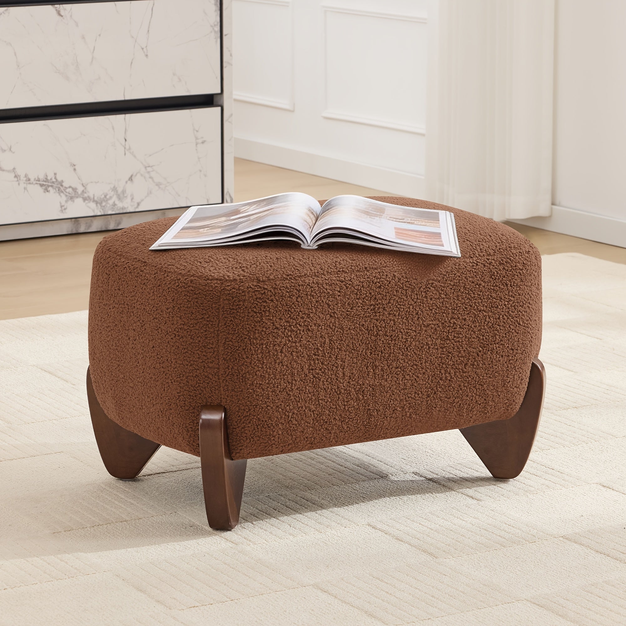 28.7” Modern Sherpa Boucle Ottoman with Solid Wood Legs - Upholstered Footrest Suitable for Living Room, Bedroom, Rectangular Boucle Pouffe, Base, Comfy Seating Stool for Small Spaces, Scandinavian Minimalist Furniture