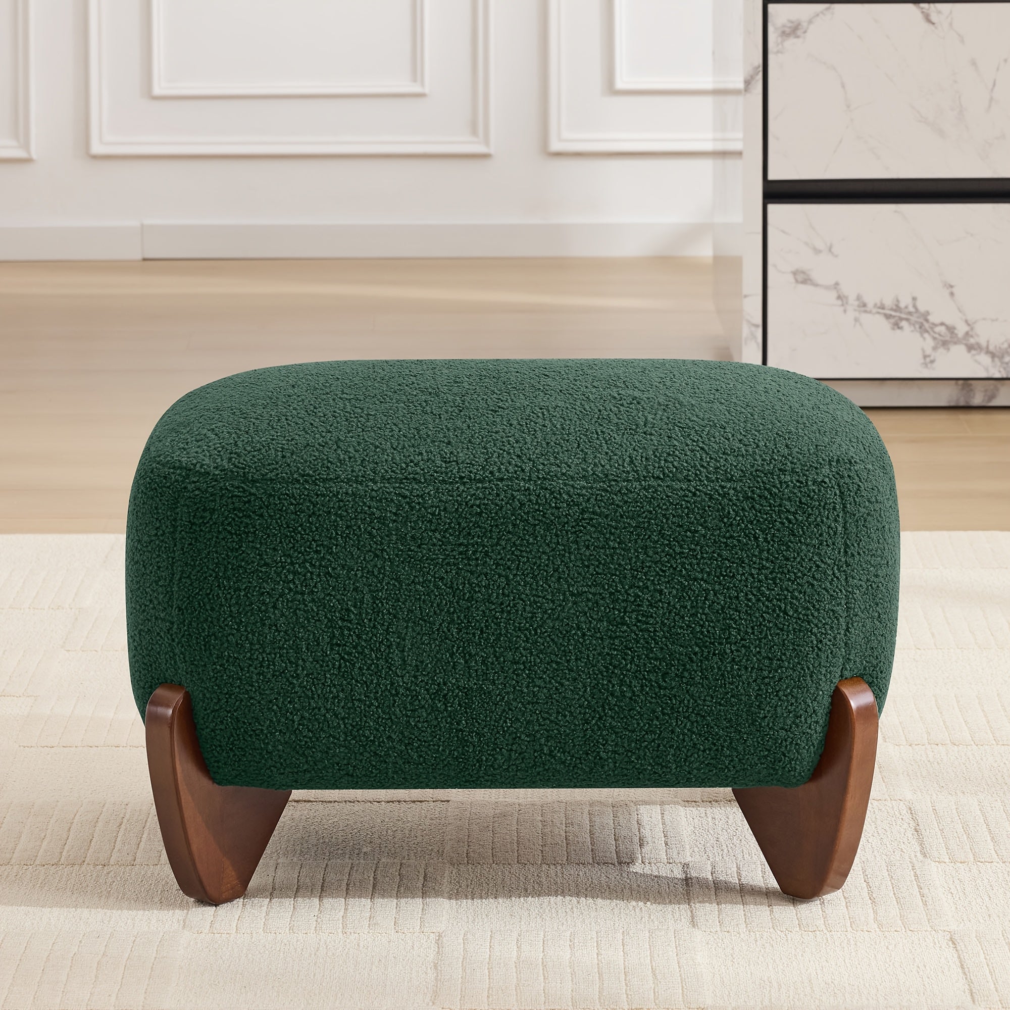 28.7” Modern Sherpa Boucle Ottoman with Solid Wood Legs - Upholstered Footrest Suitable for Living Room, Bedroom, Rectangular Boucle Pouffe, Base, Comfy Seating Stool for Small Spaces, Scandinavian Minimalist Furniture