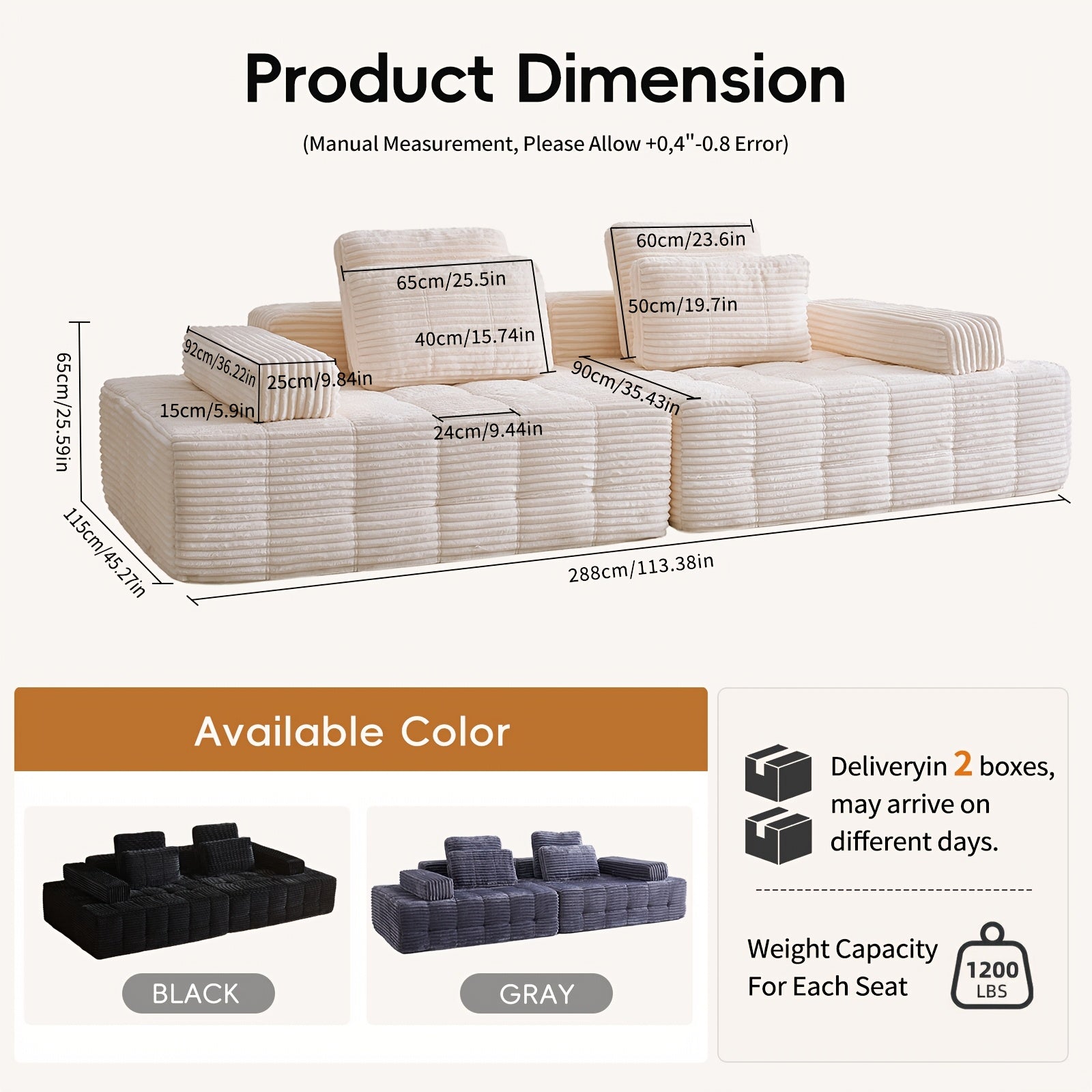 110.24 Inch Striped Corduroy Fabric Modular Combination Sofa, Extra Large Four-Seat Memory Foam Sofa, Boneless Couch, Sofa Bed, Cloud Couch, Furniture For Living Room, (Black, Gray, White, Pink), Valentine'S Day Gifts