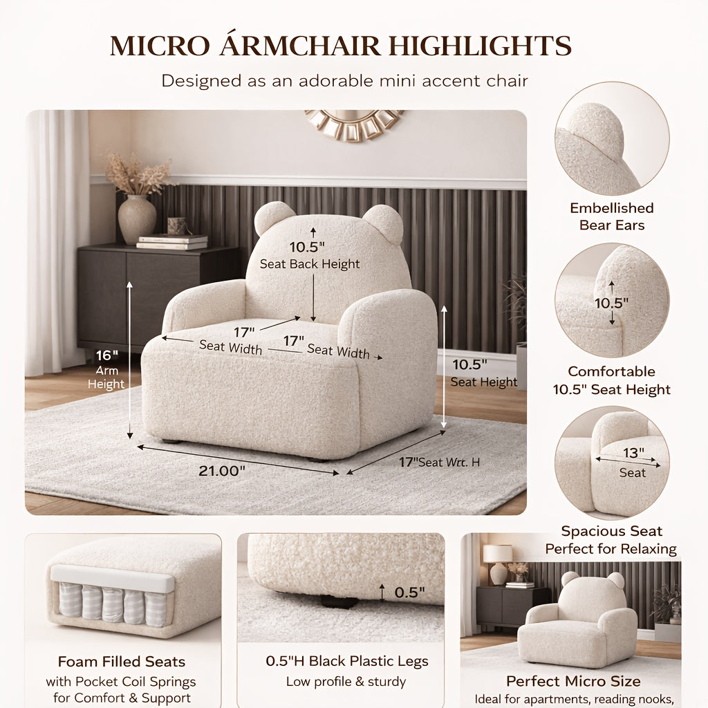 Raelynn Micro Accent Armchair, 25.5 Inch Wide Beige Sherpa Bear Shaped Lounge Chair, Mini Upholstered Armchair with Soft Boucle Fabric, Foam Cushion And Pocket Coil Support, Compact Cozy Chair for Small Spaces