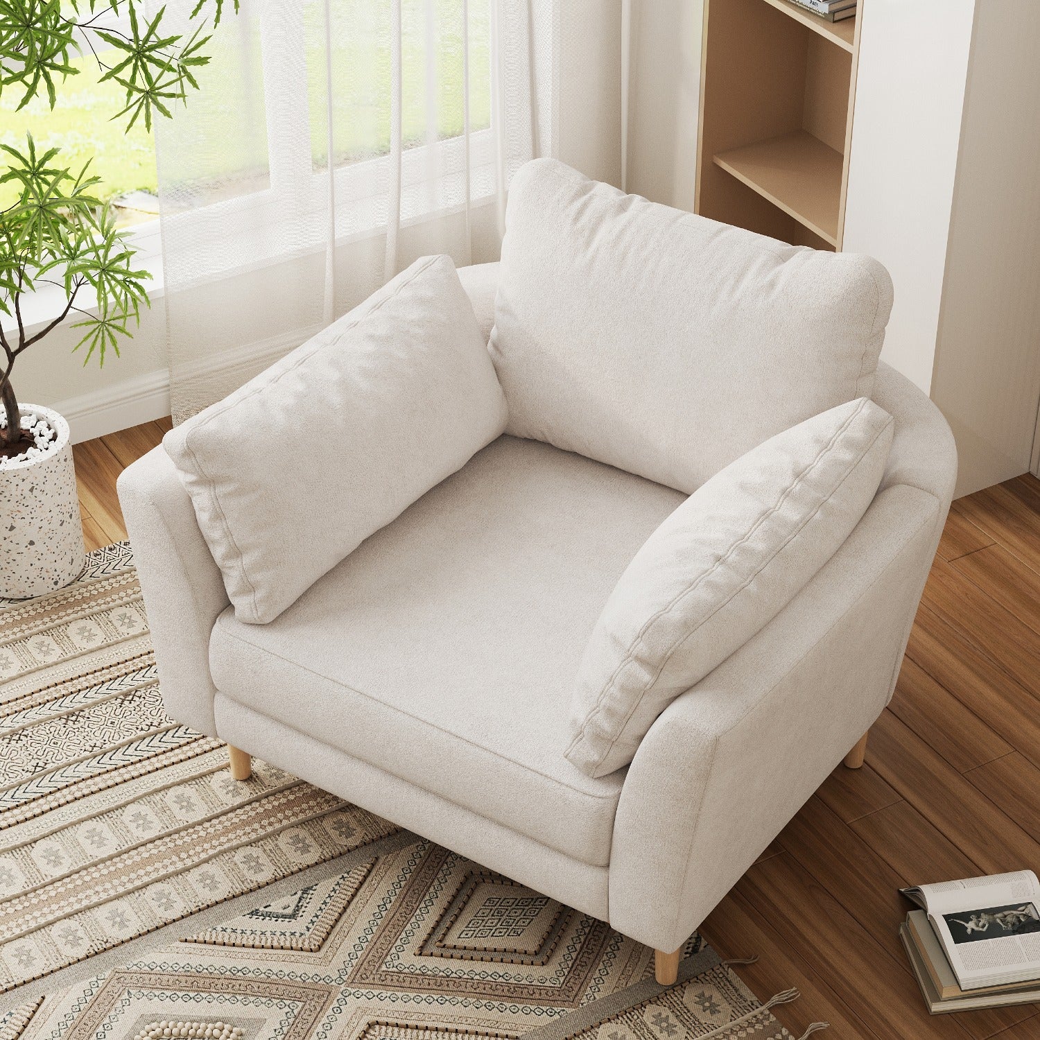 Upholstered Accent Armchair, Large Size Comfortable Single Sofa with Thick Cushion, Reading Lounge Chair for Living Room, Bedroom or Office, Linen White