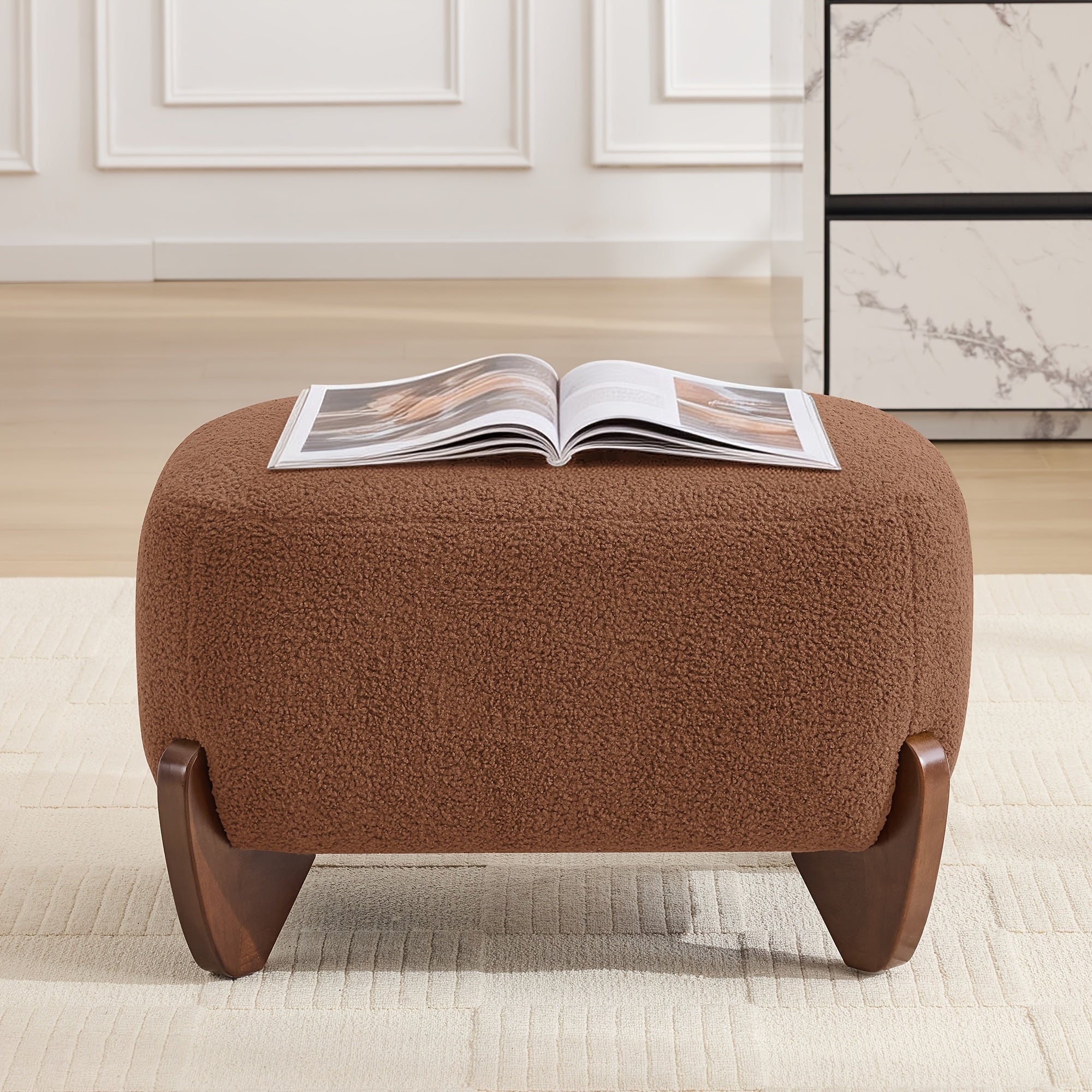28.7” Modern Sherpa Boucle Ottoman with Solid Wood Legs - Upholstered Footrest Suitable for Living Room, Bedroom, Rectangular Boucle Pouffe, Base, Comfy Seating Stool for Small Spaces, Scandinavian Minimalist Furniture