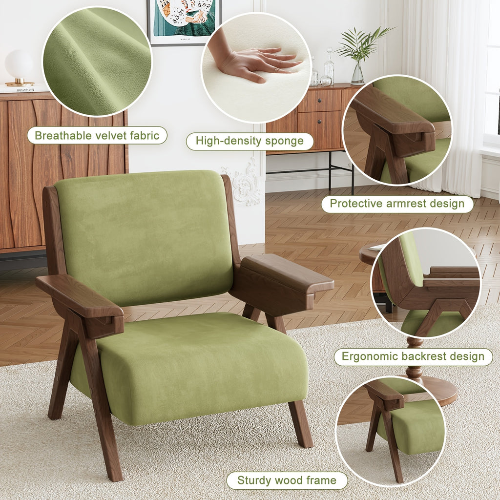 A Modern Medieval Style Lounge Chair with Velvet Cushions And Solid Wood Armrests, Perfect for Comfortable Seating in The Living Room, Bedroom, Or Balcony