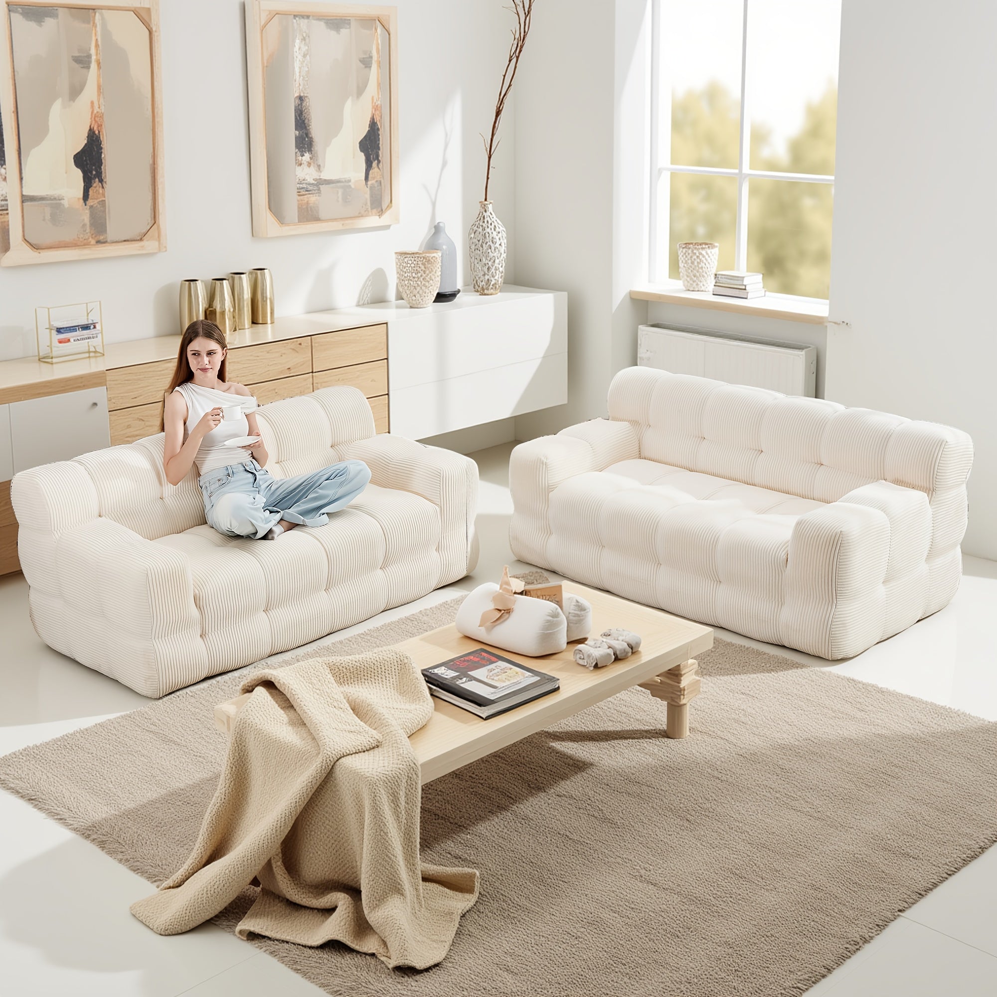 Compressed Modern Deep Seat Sofa Loveseat | Mid-century Modern Style, Green Color, Foam Material, Suitable for Living Room, Bedroom, Office - HONEYOU