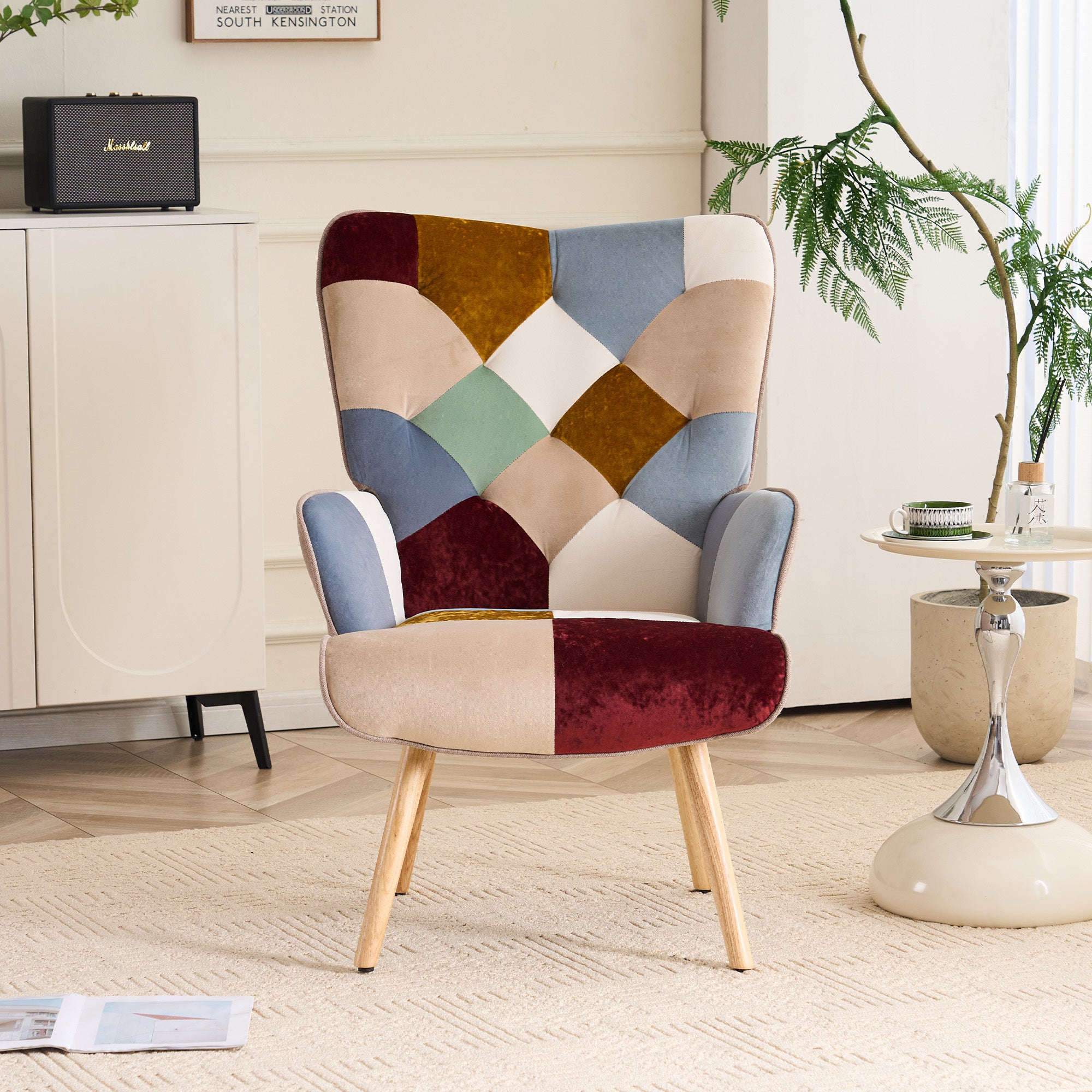 330lb Capacity Colorful Patchwork Modern Accent Chair - High Back Armchair with Memory Foam Cushion & Hardwood Legs, Linen Living Room, Bedroom, Home Office Chair - Easy Assembly, Neutral & Accent Colors - for Living Room, Reading Nook Decor