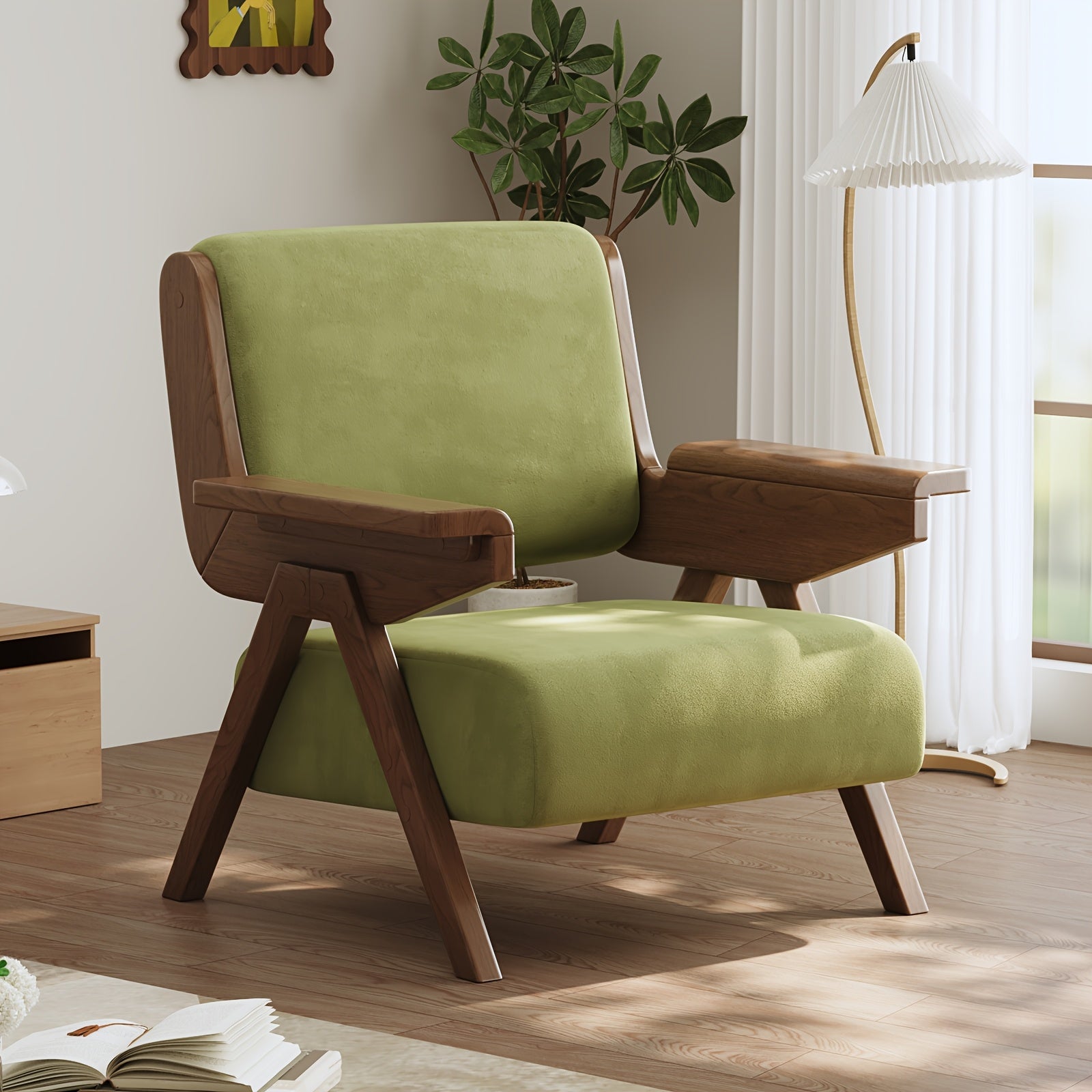 A Modern Medieval Style Lounge Chair with Velvet Cushions And Solid Wood Armrests, Perfect for Comfortable Seating in The Living Room, Bedroom, Or Balcony