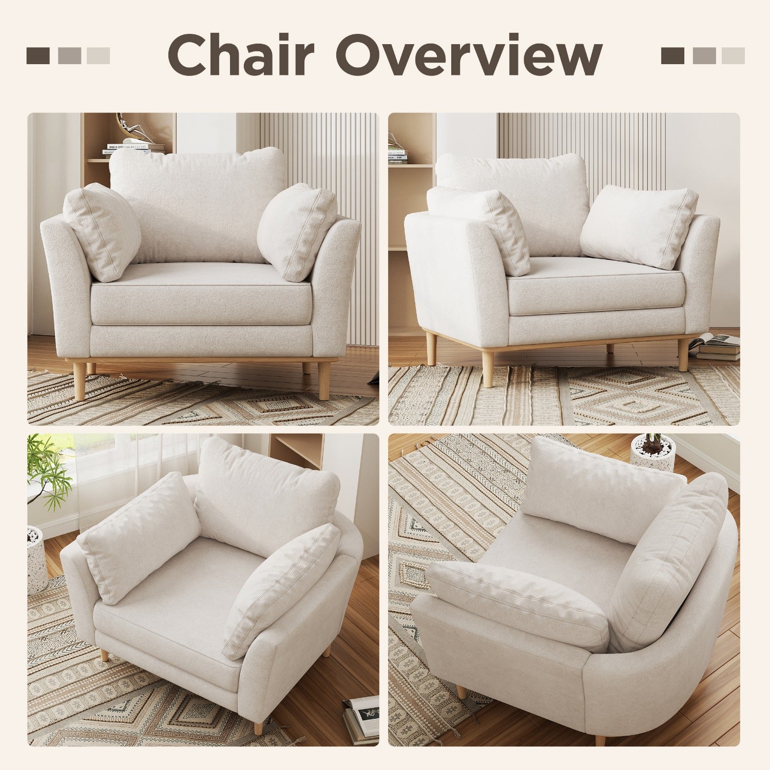 Upholstered Accent Armchair, Large Size Comfortable Single Sofa with Thick Cushion, Reading Lounge Chair for Living Room, Bedroom or Office, Linen White
