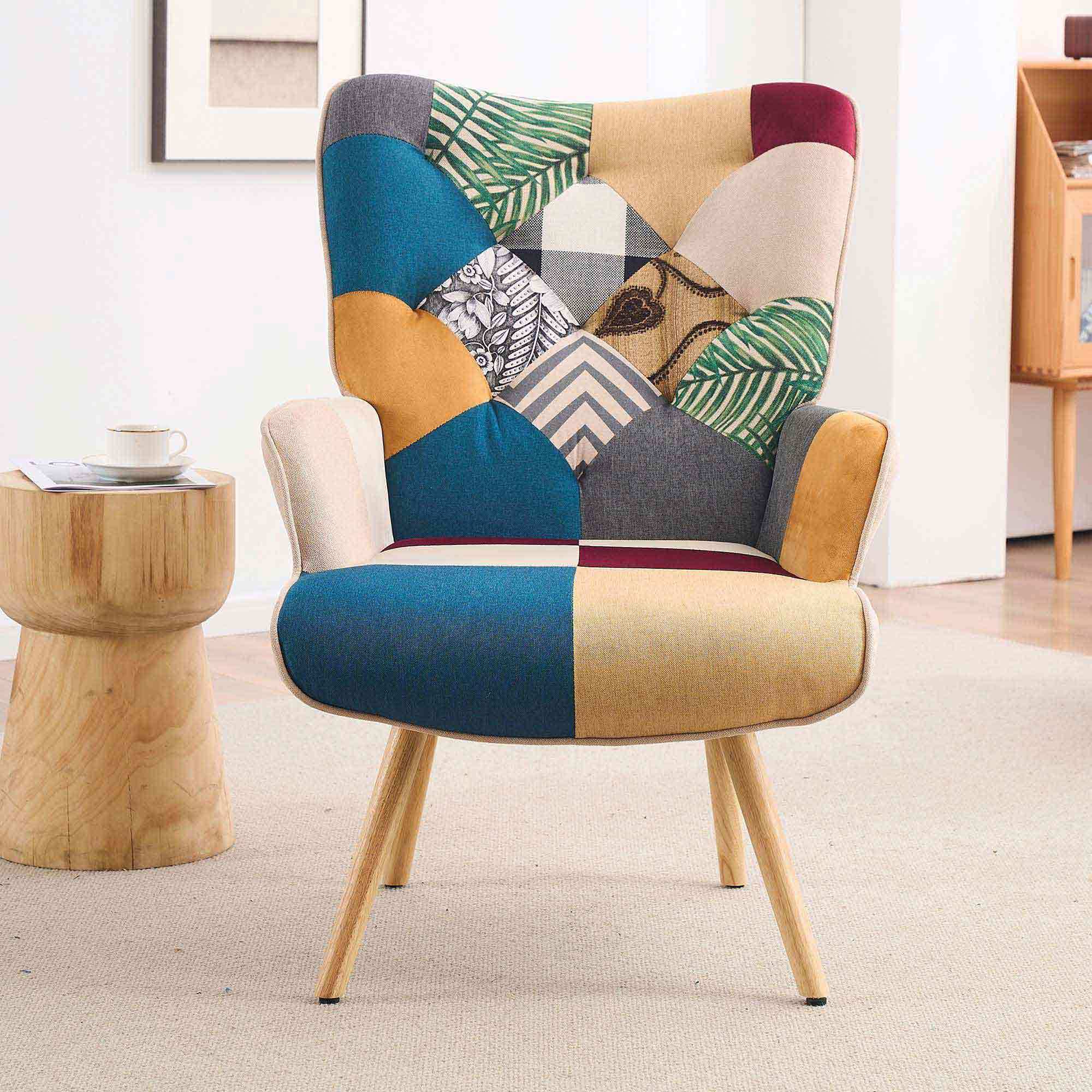 330lb Capacity Colorful Patchwork Modern Accent Chair - High Back Armchair with Memory Foam Cushion & Hardwood Legs, Linen Living Room, Bedroom, Home Office Chair - Easy Assembly, Neutral & Accent Colors - for Living Room, Reading Nook Decor