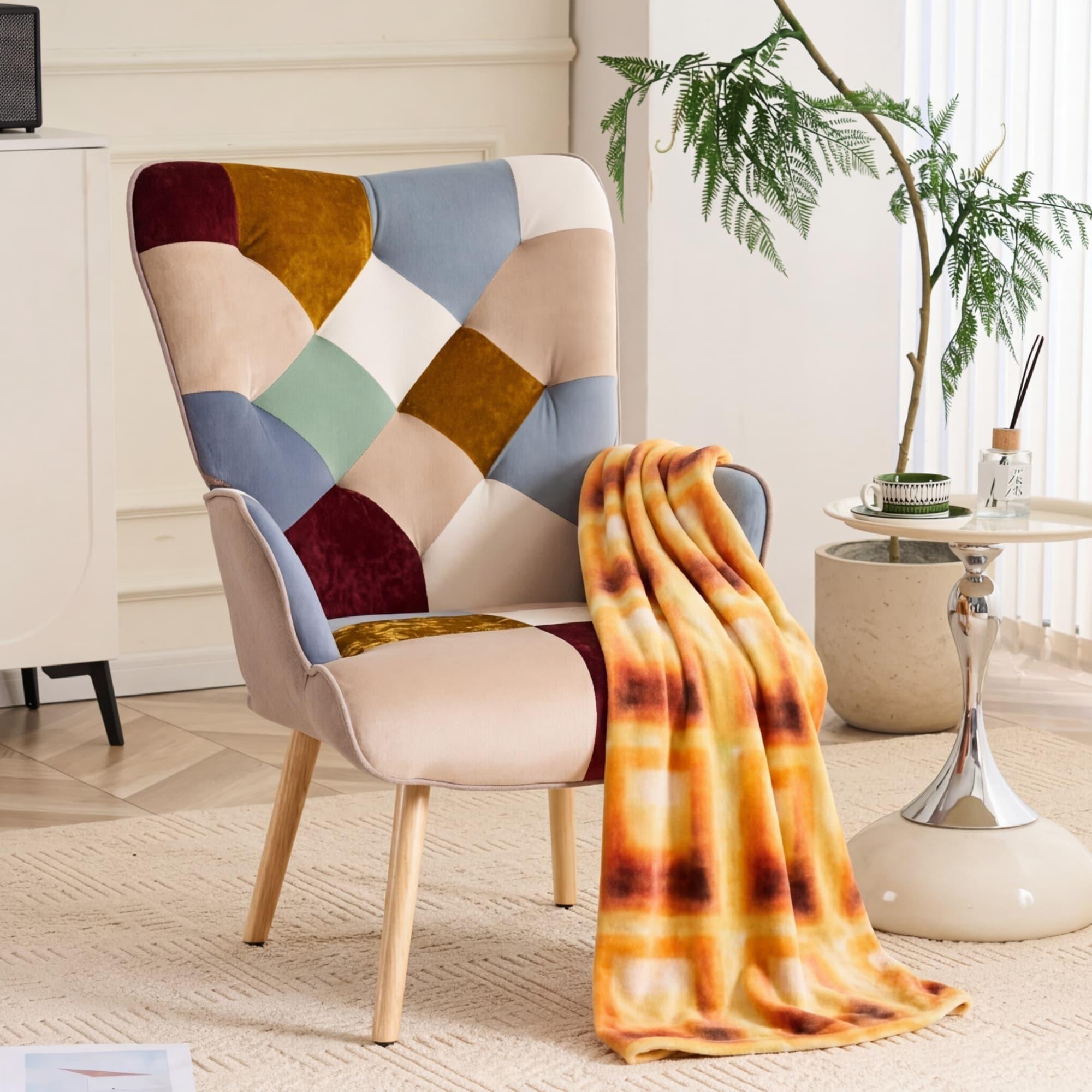 330lb Capacity Colorful Patchwork Modern Accent Chair - High Back Armchair with Memory Foam Cushion & Hardwood Legs, Linen Living Room, Bedroom, Home Office Chair - Easy Assembly, Neutral & Accent Colors - for Living Room, Reading Nook Decor