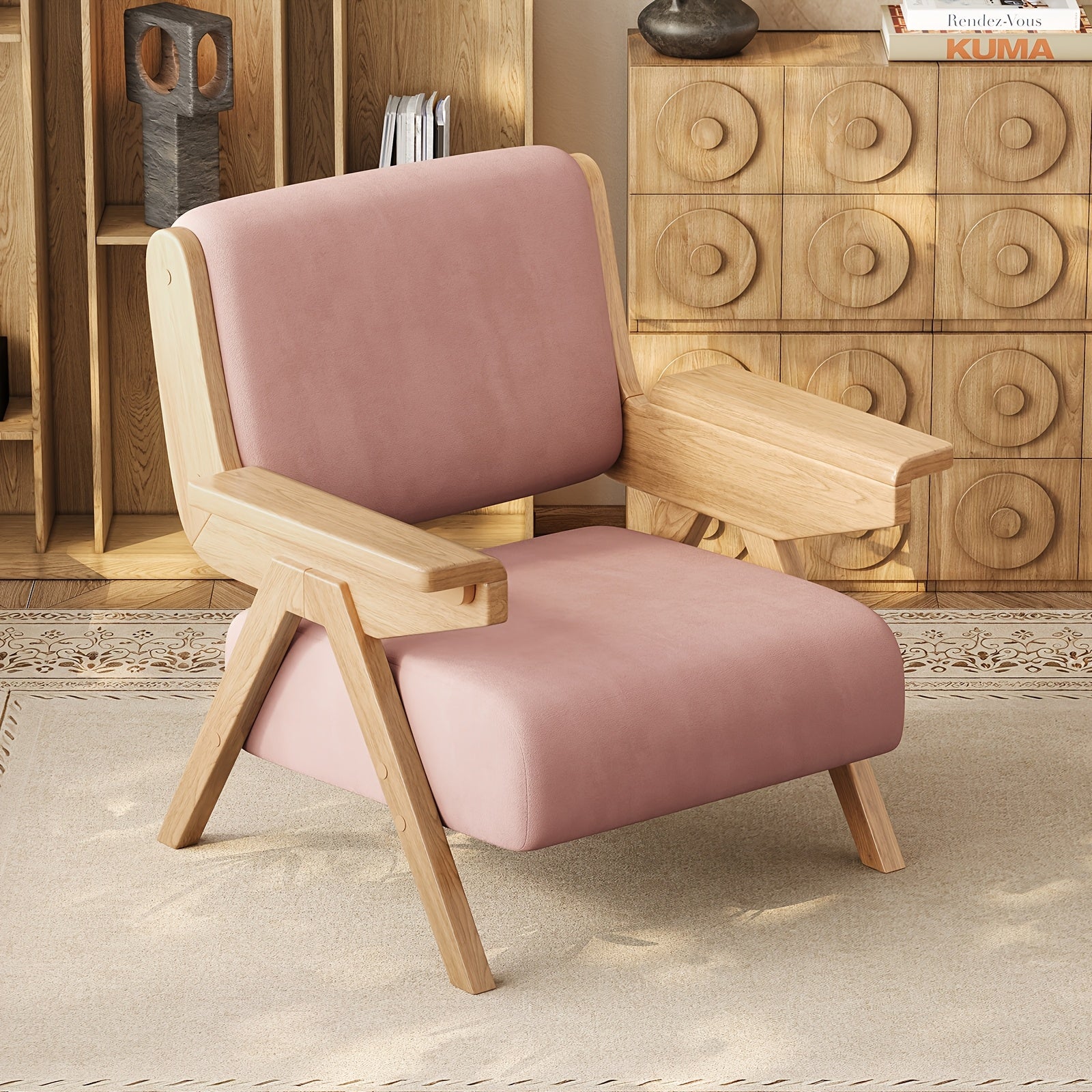 A Modern Medieval Style Lounge Chair with Velvet Cushions And Solid Wood Armrests, Perfect for Comfortable Seating in The Living Room, Bedroom, Or Balcony
