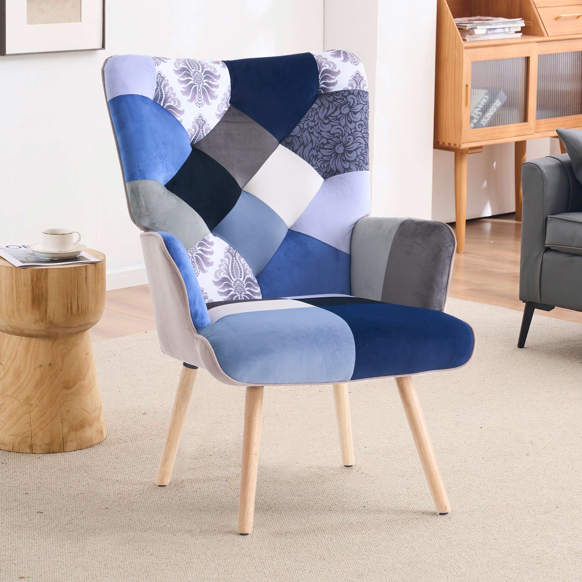 330lb Capacity Colorful Patchwork Modern Accent Chair - High Back Armchair with Memory Foam Cushion & Hardwood Legs, Linen Living Room, Bedroom, Home Office Chair - Easy Assembly, Neutral & Accent Colors - for Living Room, Reading Nook Decor