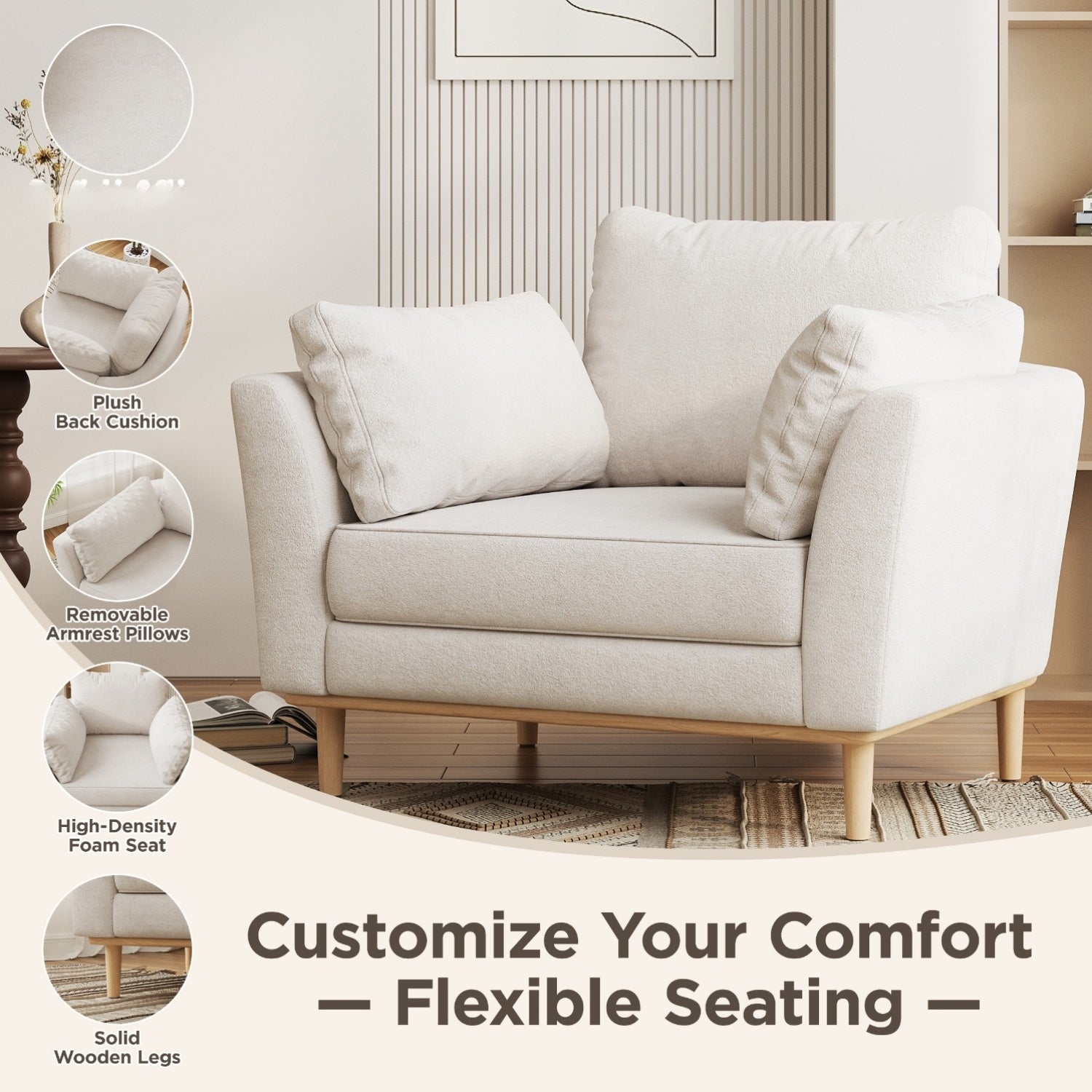 Upholstered Accent Armchair, Large Size Comfortable Single Sofa with Thick Cushion, Reading Lounge Chair for Living Room, Bedroom or Office, Linen White