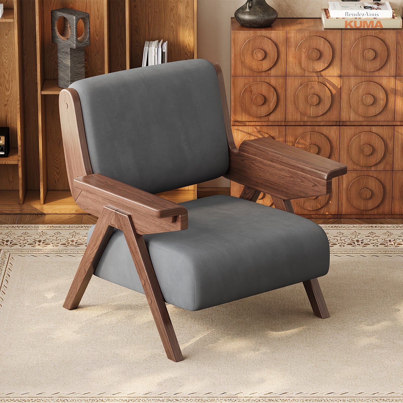 A Modern Medieval Style Lounge Chair with Velvet Cushions And Solid Wood Armrests, Perfect for Comfortable Seating in The Living Room, Bedroom, Or Balcony