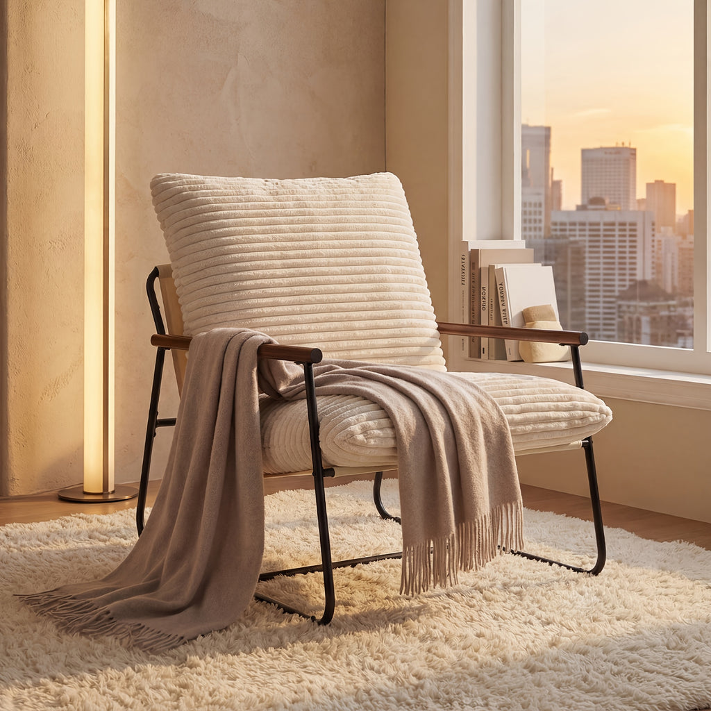 29.5in Iron Armchair with Padded Cushion, Heavy Duty Metal Accent Chair with Sponge Seat - Outdoor Patio Chair for Garden, Porch, Living Room - Modern Lounge Chair with Arms