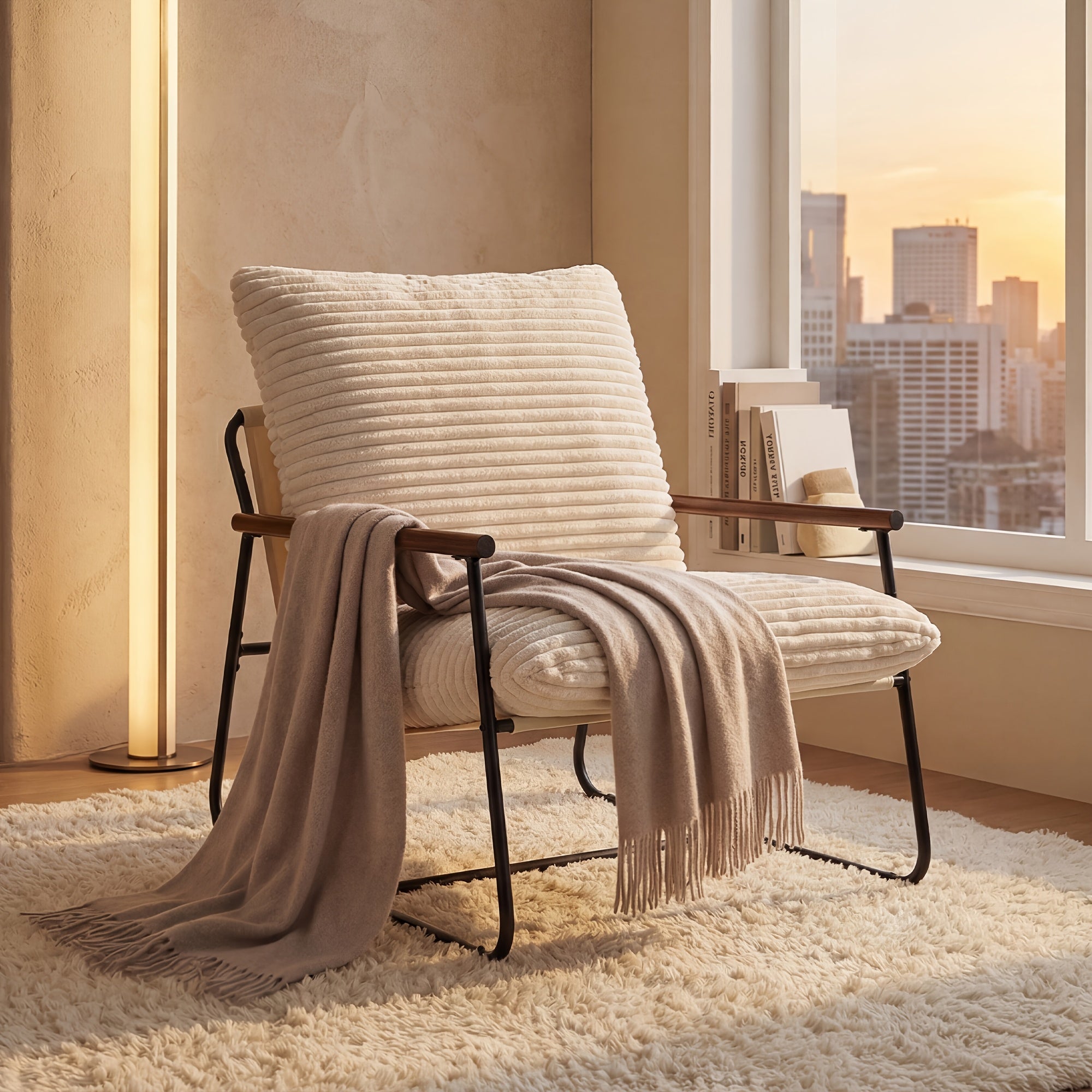 29.5in Iron Armchair with Padded Cushion, Heavy Duty Metal Accent Chair with Sponge Seat - Outdoor Patio Chair for Garden, Porch, Living Room - Modern Lounge Chair with Arms
