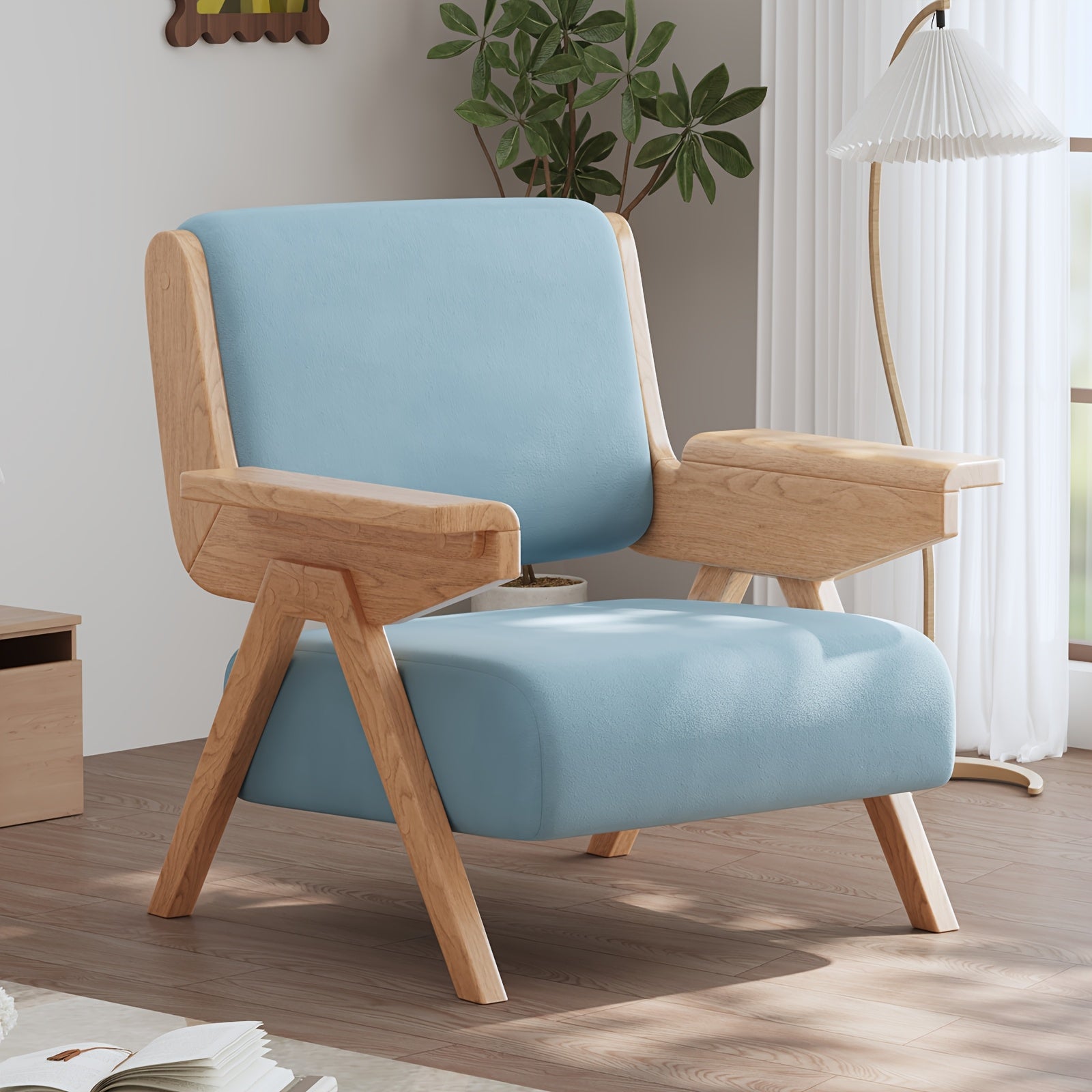 A Modern Medieval Style Lounge Chair with Velvet Cushions And Solid Wood Armrests, Perfect for Comfortable Seating in The Living Room, Bedroom, Or Balcony