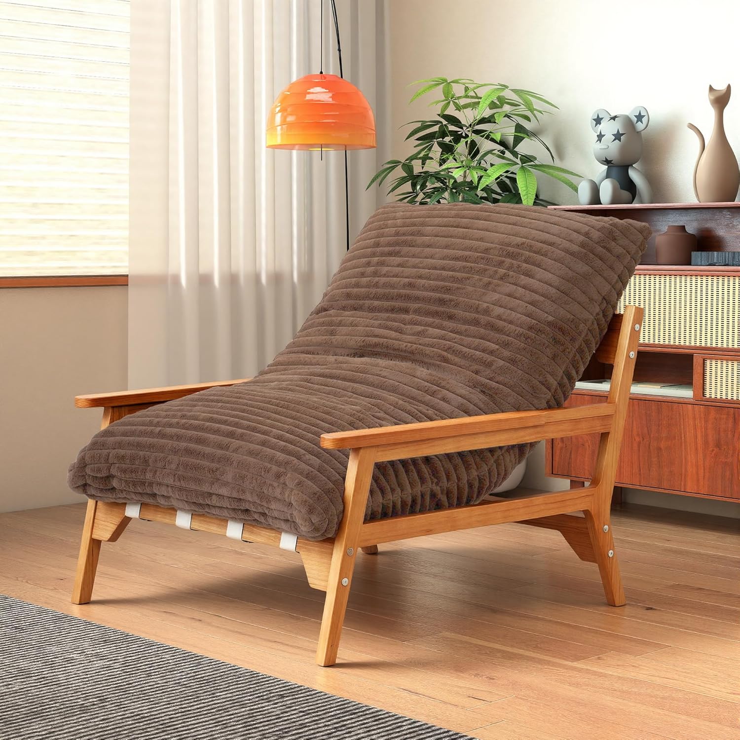 Modern Accent Chair with Ash Wood Armrests | Rabbit Fur Plush Lounge Chair for Living Room Relaxing, Bedroom Napping, Reading, Small Space Decor, Beige