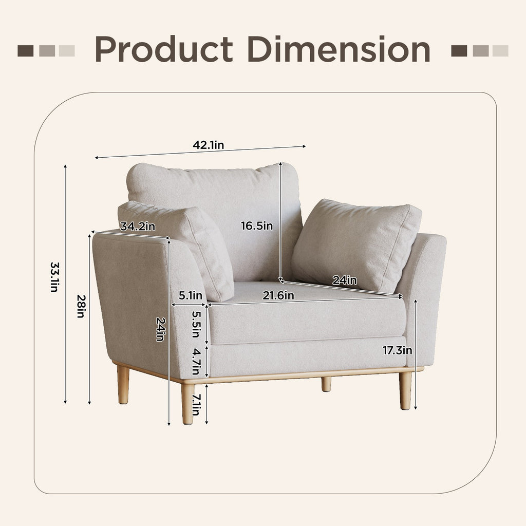 Upholstered Accent Armchair, Large Size Comfortable Single Sofa with Thick Cushion, Reading Lounge Chair for Living Room, Bedroom or Office, Linen White