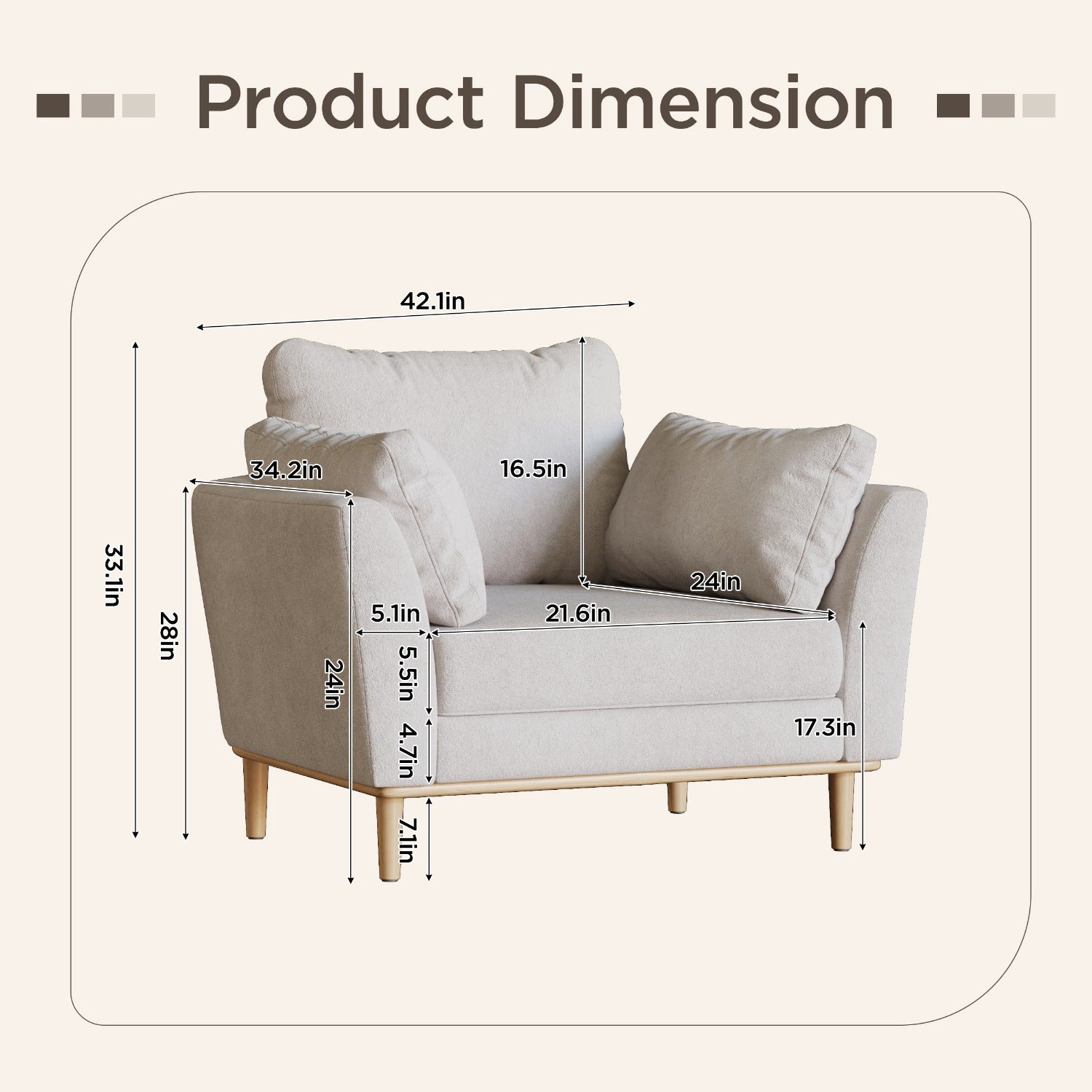 Upholstered Accent Armchair, Large Size Comfortable Single Sofa with Thick Cushion, Reading Lounge Chair for Living Room, Bedroom or Office, Linen White